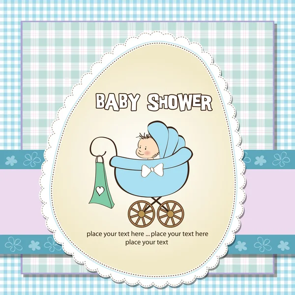 Bebê menino anúncio cartão com bebê e carrinho — Fotografia de Stock