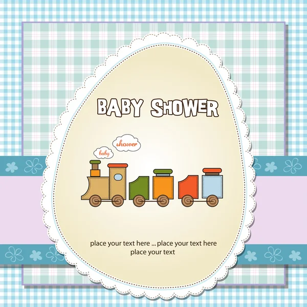 Cartão de chuveiro de bebê com trem de brinquedo — Fotografia de Stock