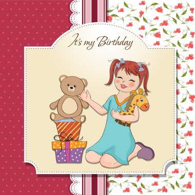 Litlittle girl playing with her birthday gifts . happy birthday card clipart