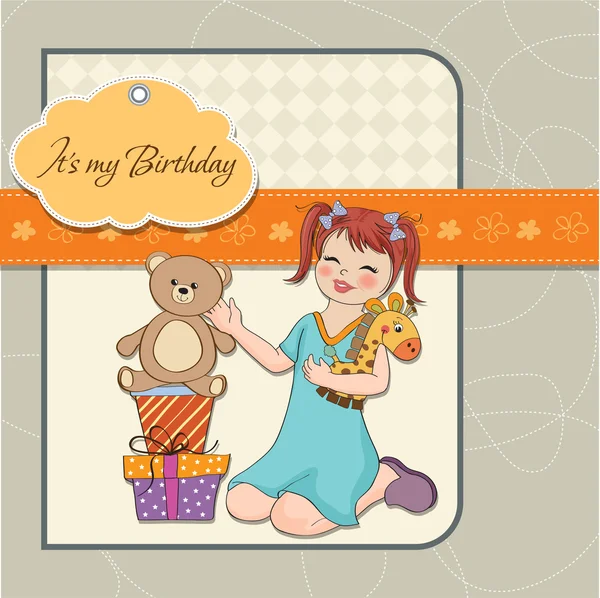 Kleines Mädchen, das mit seinen Geburtstagsgeschenken spielt. Glückwunschkarte zum Geburtstag — Stockfoto