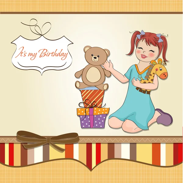 Kleines Mädchen, das mit seinen Geburtstagsgeschenken spielt. Glückwunschkarte zum Geburtstag — Stockfoto