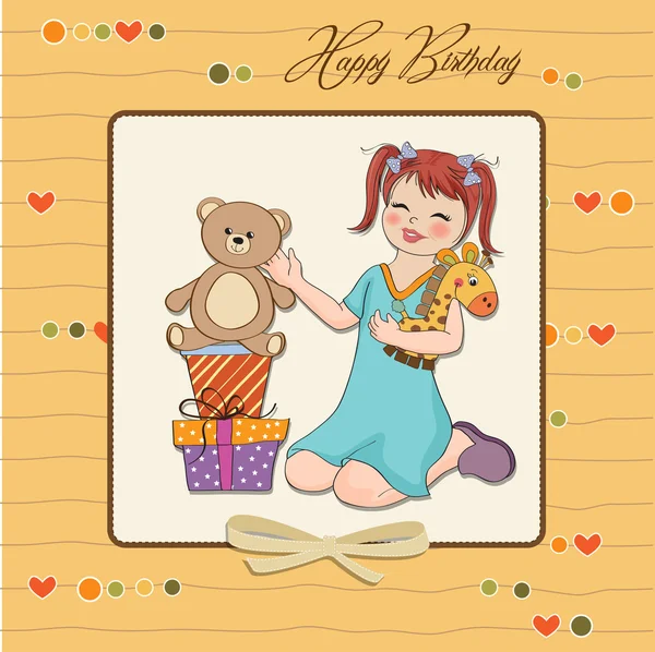 Petite fille jouant avec ses cadeaux d'anniversaire. joyeux anniversaire carte — Photo