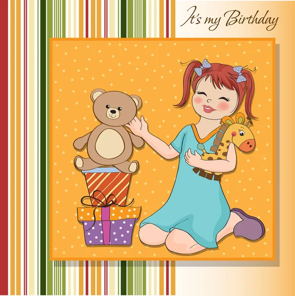 Niña jugando con sus regalos de cumpleaños. tarjeta de cumpleaños feliz —  Fotos de Stock