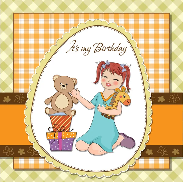 Menina brincando com seus presentes de aniversário. cartão de aniversário feliz — Fotografia de Stock