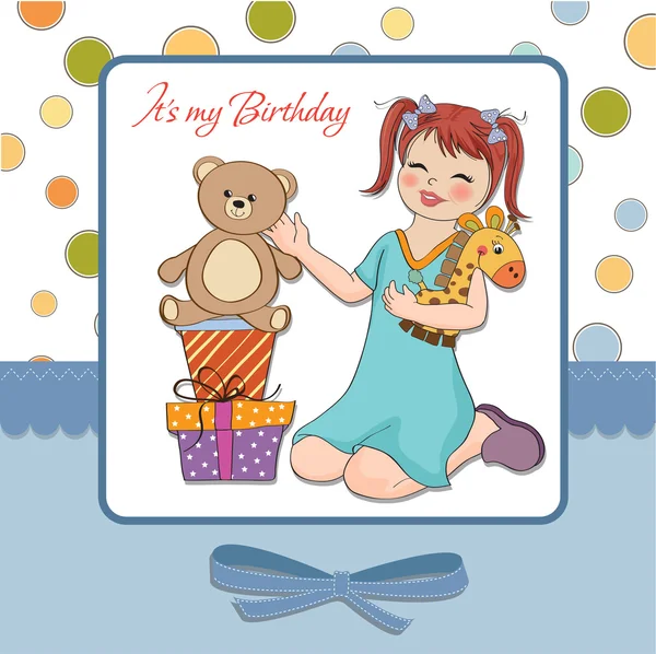 Litlittle lány játszik vele születésnapi ajándék. Boldog születésnapot kártya — Stock Fotó
