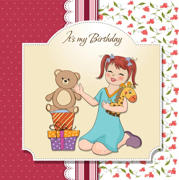 Litlittle girl playing with her birthday gifts . happy birthday card — Stock Photo, Image