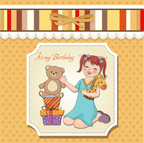 Litlittle girl playing with her birthday gifts . happy birthday card — Stock Photo, Image