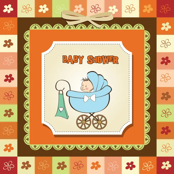 Baby boy announcement card with baby and pram — Stock Photo, Image