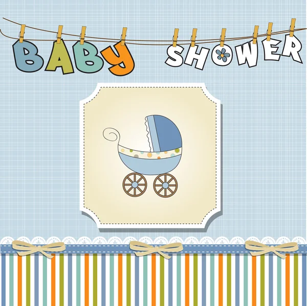 Baby jongen aankondiging kaart met baby en kinderwagen — Stockfoto