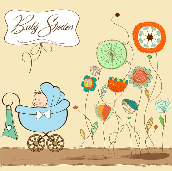 Baby boy announcement card with baby and pram — Stock Photo, Image
