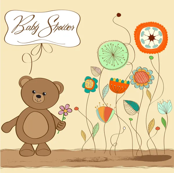 Novo cartão de anúncio do bebê com ursinho de pelúcia e flor — Fotografia de Stock