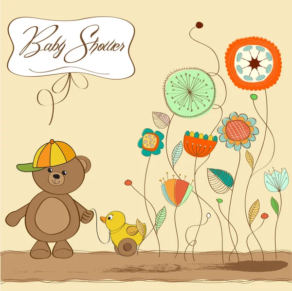 Cartão de boas-vindas bebê com menino ursinho de pelúcia e seu pato — Fotografia de Stock