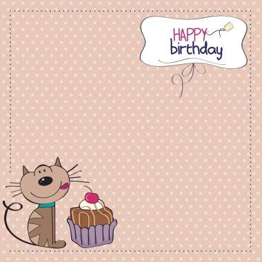 Birthday greeting card with a cat waiting to eat a cake clipart