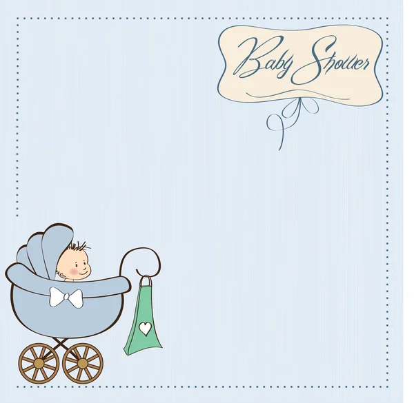 Дитяча картка оголошення хлопчика з дитиною та коляскою — стокове фото