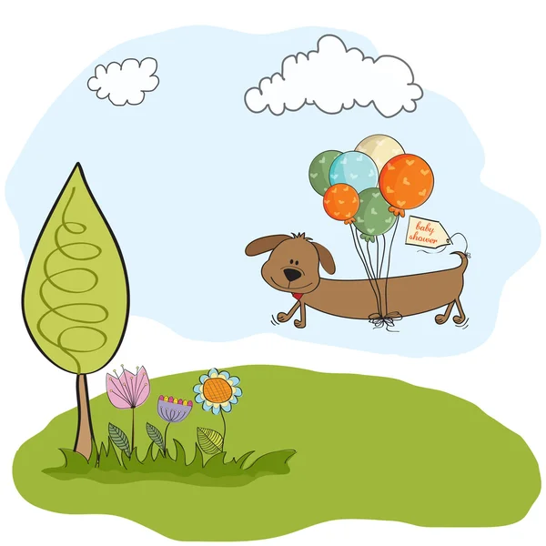 Дитяча душова картка з довгим собакою і повітряними кулями — стокове фото