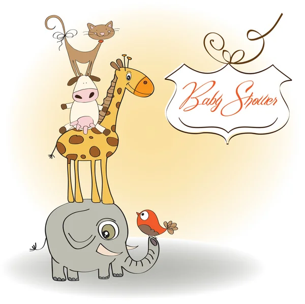 Bebek hediye kartı ve komik hayvan piramidi. — Stok fotoğraf