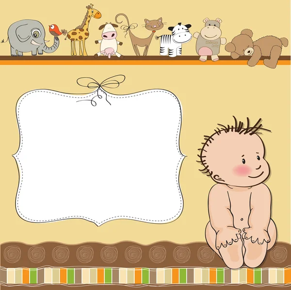 Baby jongen douche kaart met kleine naakte babyjongen — Stockfoto