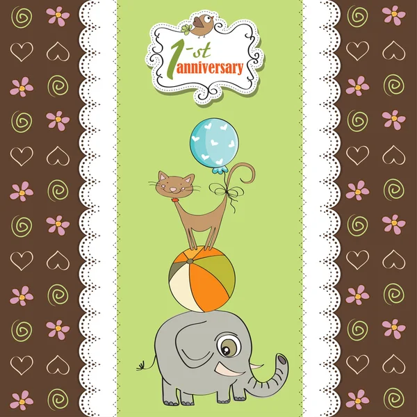 Cartão de primeiro aniversário bonito com animais — Fotografia de Stock