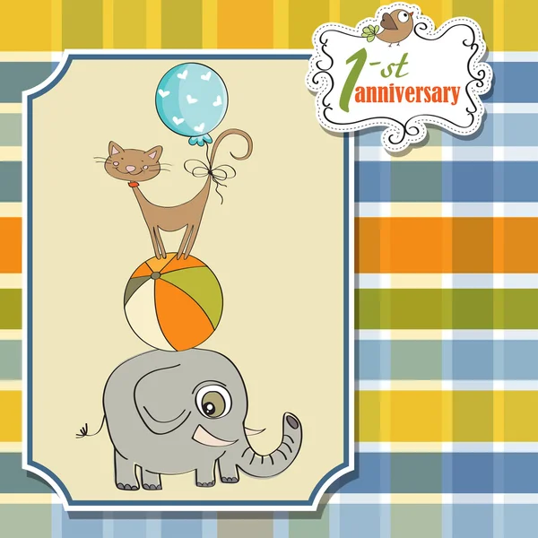 Cartão de primeiro aniversário bonito com animais — Fotografia de Stock