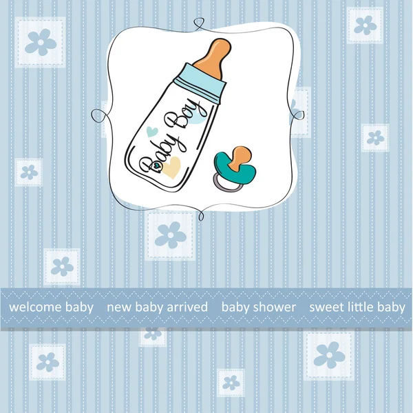 Dziecko chłopca prysznic karty z mleka butelki i smoczka — Zdjęcie stockowe