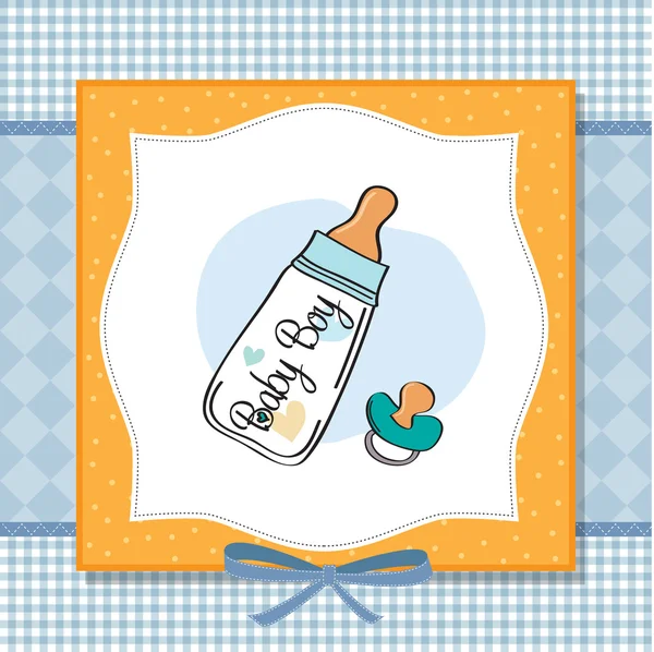 Baby boy doccia card con bottiglia di latte e ciuccio — Foto Stock