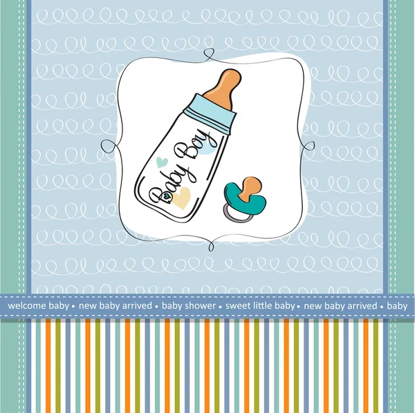 Baby fiú zuhany kártya tej üveg és a cumi — Stock Fotó