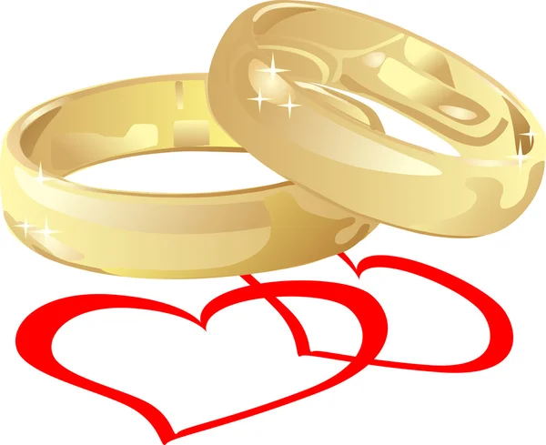 Anelli da sposa vettoriali dorati con cuori — Vettoriale Stock