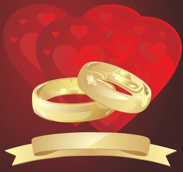 Vector anillos de boda dorados con corazones — Vector de stock