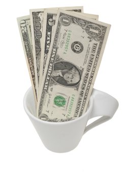 American dollars in white cup for coffee clipart