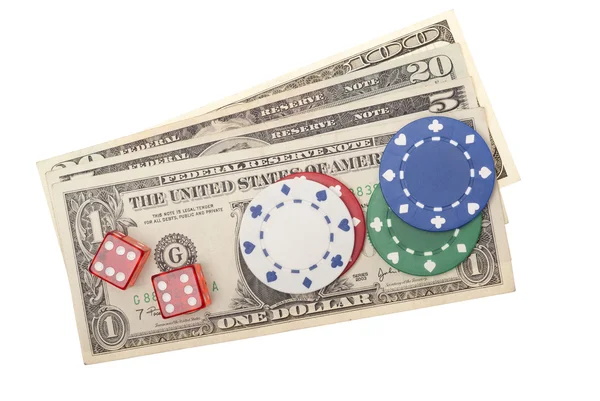 American dollars with poker-chips and dice — Stock Photo, Image