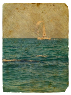 Sailing yacht in ocean. Old postcard clipart