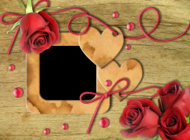 Vintage photo frames, red roses and heart clipart