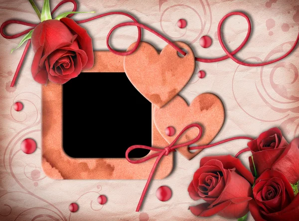 Vintage photo frame, red roses and heart — Stock Photo, Image