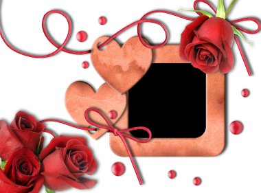 Vintage photo frame, red roses and heart clipart