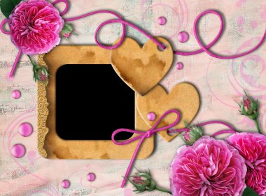 Vintage photo frame, pink roses and heart clipart