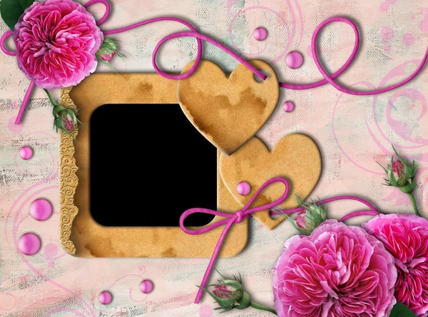 复古相框、 粉红色玫瑰和心 — 图库照片