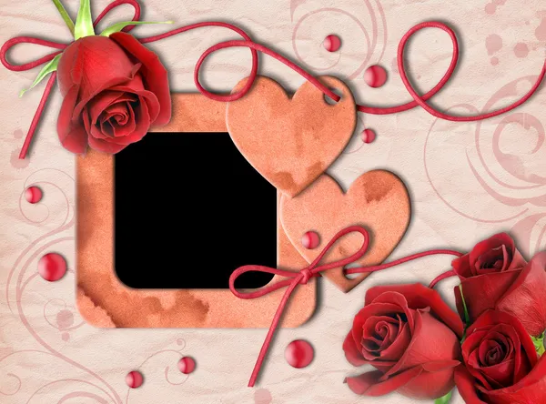 Fotorahmen, rote Rosen und Herz — Stockfoto
