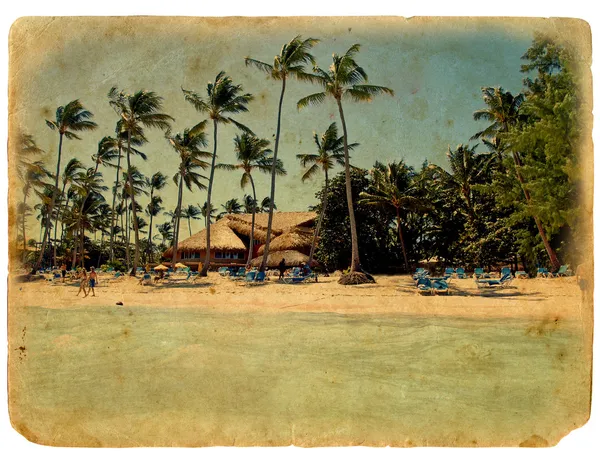 Plaj, şezlong, palmiye ağaçları, stilize bir retro ca dinlenme — Stok fotoğraf
