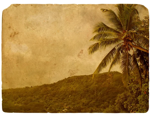 Tropical mountains and palm tree. Old postcard. — Stock Photo, Image