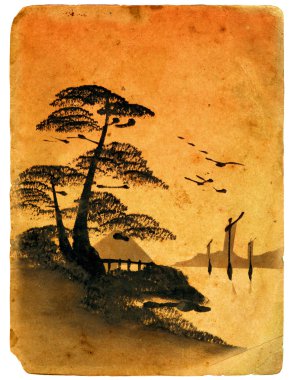 Japanese painting. Old postcard. clipart