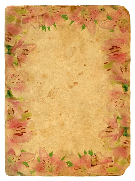 Rahmen aus rosa Lilien. alte Postkarte. — Stockfoto