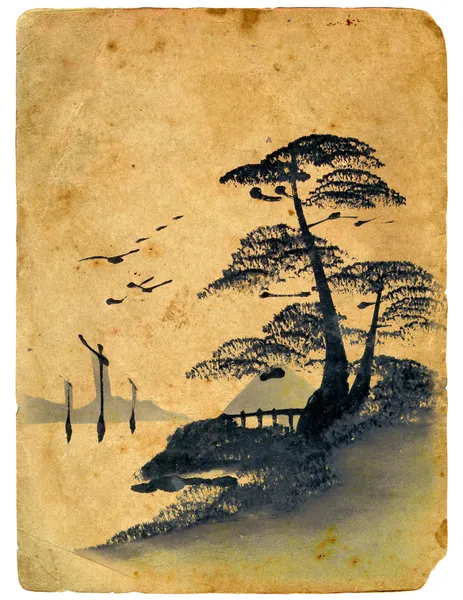 Ιαπωνική ζωγραφική. παλιά καρτ-ποστάλ. — Φωτογραφία Αρχείου