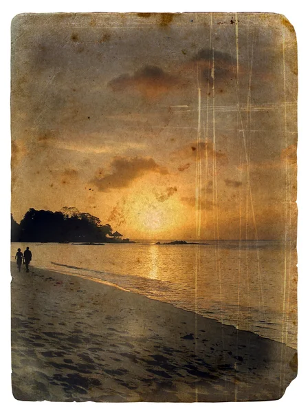 Zachód słońca, Seszele. Stara pocztówka. — Zdjęcie stockowe