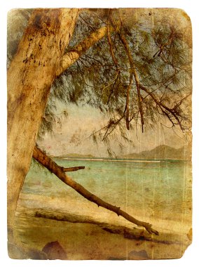 Indian Ocean landscape, Seychelles. Old postcard. clipart