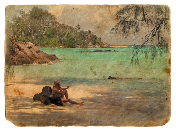 Rekreace na břehu Indického oceánu. Stará pohlednice. — Stock fotografie