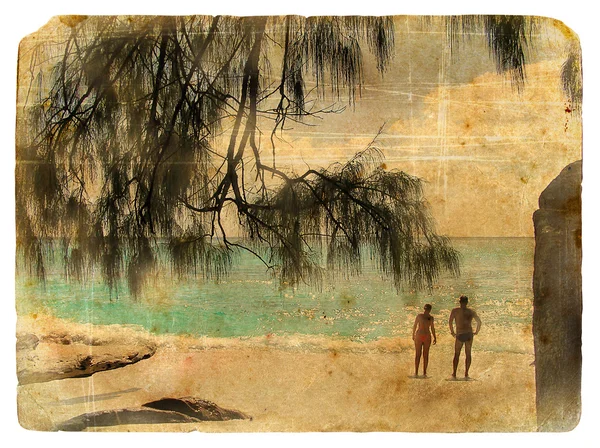 Familie im Urlaub, Seychellen. alte Postkarte. — Stockfoto