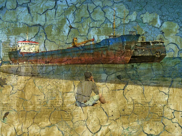 Stará zeď praskliny a lodí — Stock fotografie