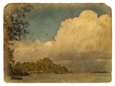 Seyşel Adaları, tropik bir manzara... eski kartpostal.