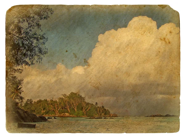 stock image Tropical landscape, Seychelles.. Old postcard.