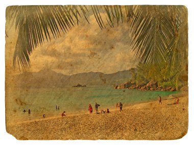 Seyşel Adaları, tropik bir manzara. eski kartpostal.